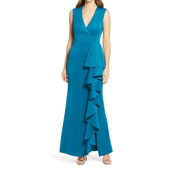 ELIZA J NEW $198 Sleeveless Ruffle Stretch Satin Gown‎ in Peacock Size 2 - Picture 1 of 6